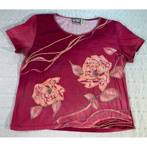 Caribbean Joe Floral Embroidered Tee XL Pink Boho Y2K Cottagecore
